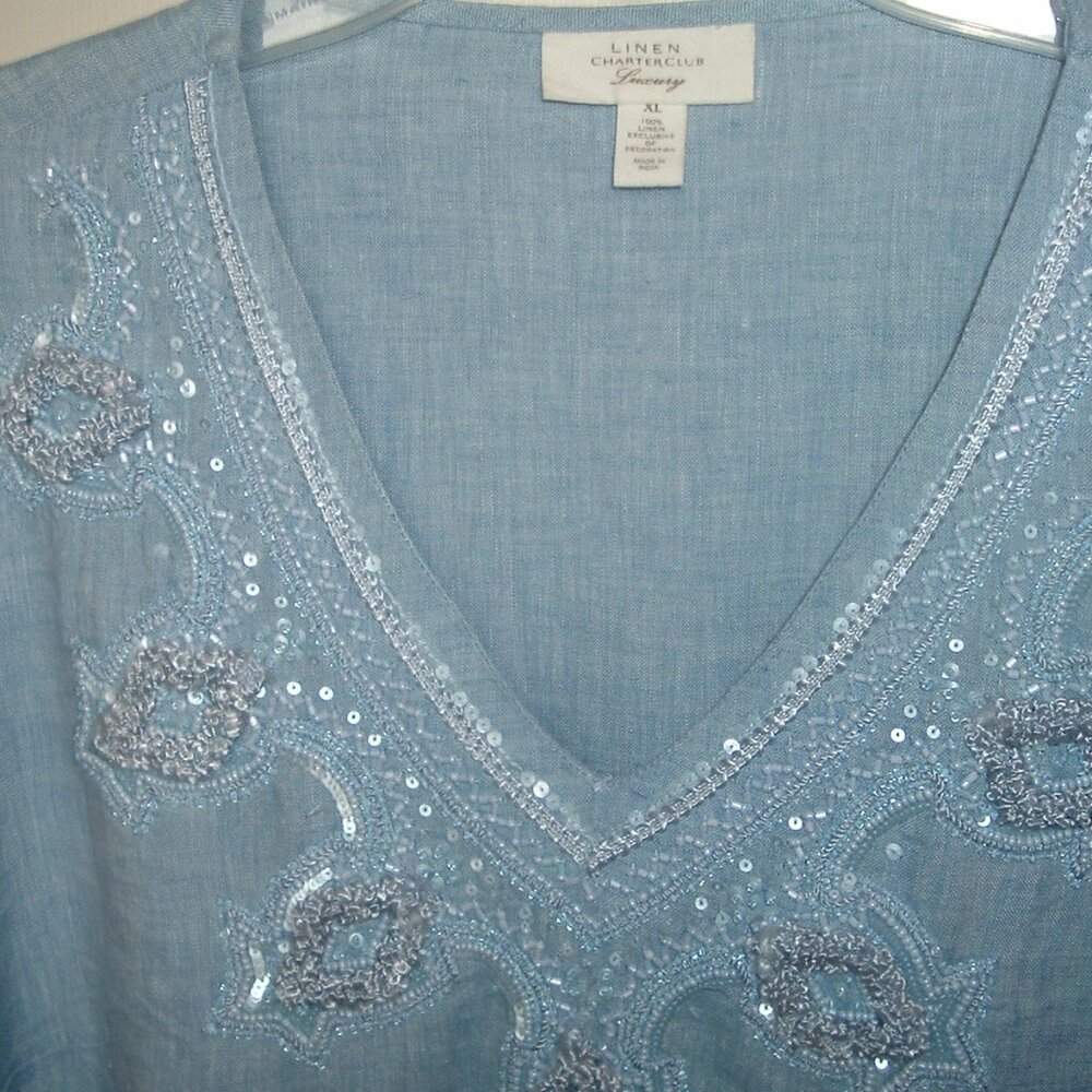 Charter Club Luxury 100% Linen Tunic Top Long sleeve Blouse Embroidery Blue XL - Picture 2 of 5